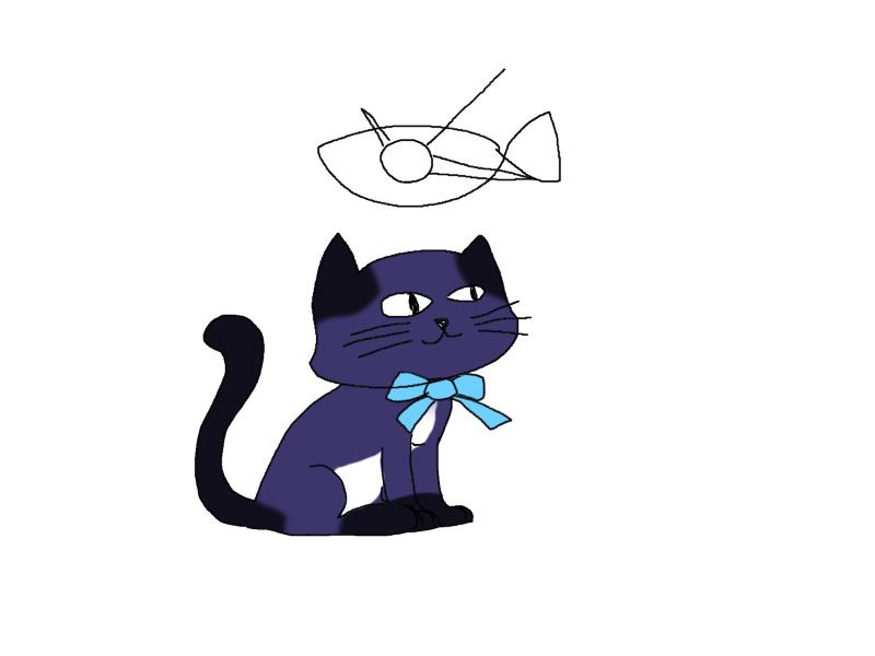 A cartoon drawing of a black cat with white belly, wearing a blue bow around its neck. A crudely drawn halo resembling a clock floats above its head.